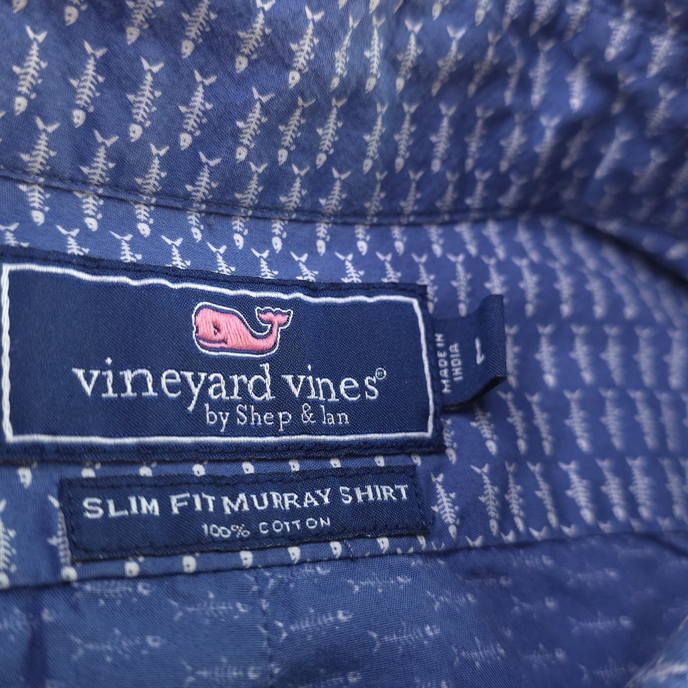 Vineyard Vines Slim Fit Murray Shirt Large Blue Fish Bones Geometric Long Sleeve - Picture 4 of 8